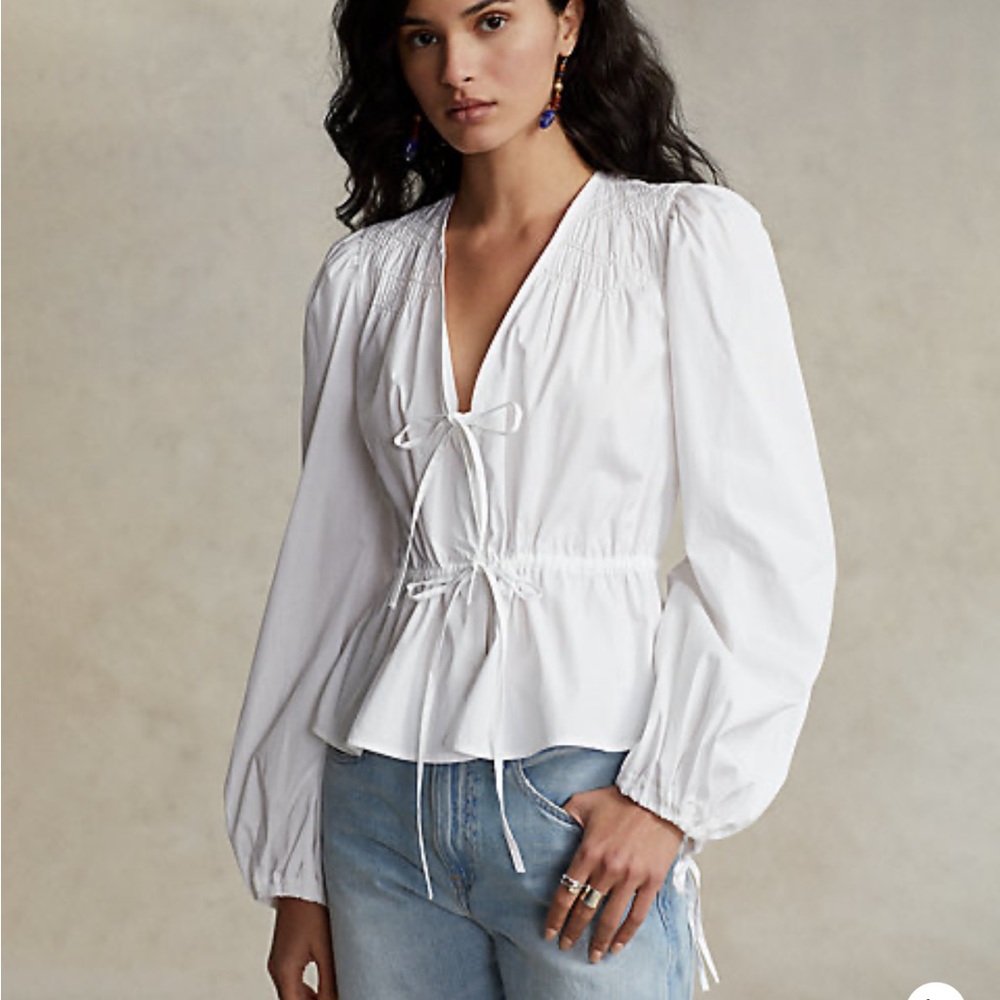 Smocked Drawstring-Peplum Cotton Top